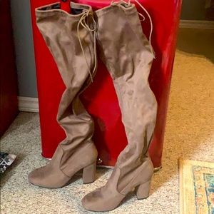 Tan suede thigh high heel boots
